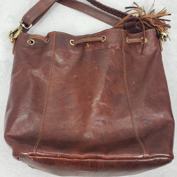 Sorpresa Leather Bucket Bag Drawstring Tassel Shoulder Bag Tote Brown Fringe - Picture 3 of 16